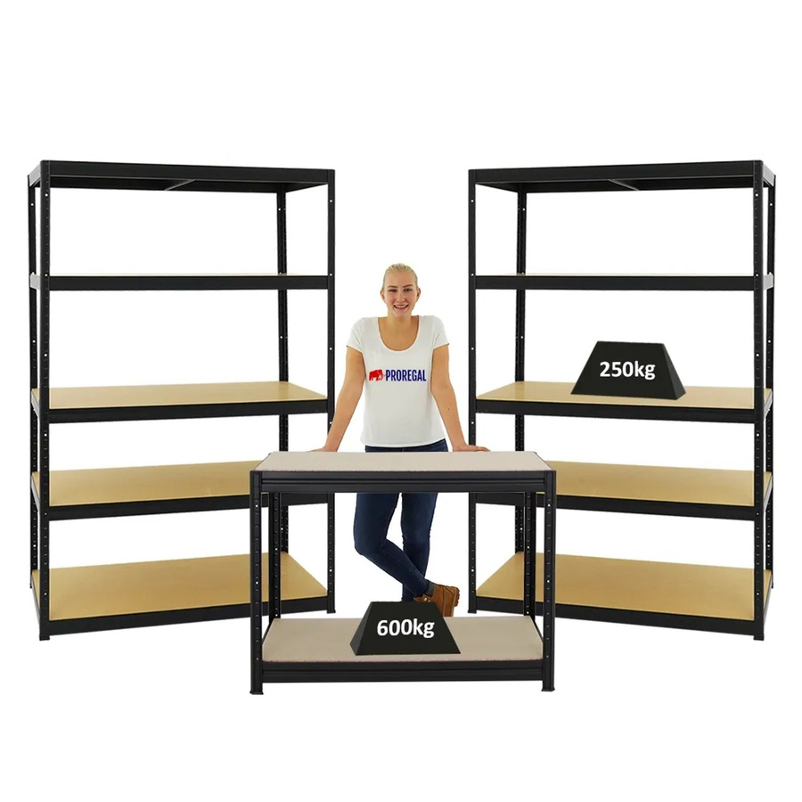 PROREGAL Set aus 2x Schwerlastregal Big Elephant M und 1x höhenverstellbarer Werkbank Slim Dino in Schwarz, H 180 x B 120 x T 60 cm und H 90 x B 120 x T 60 cm - Bild 2