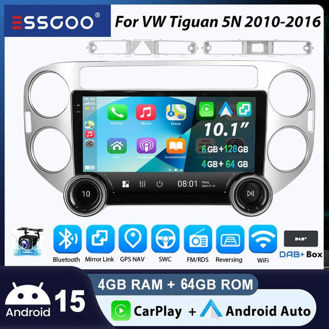 ESSGOO Android 15 Autoradio mit 9 Zoll Touchscreen für VW Tiguan 5N und Golf Plus, 6+128GB Speicher, Wireless CarPlay, Android Auto, Bluetooth, GPS, WIFI und Lenkradsteuerung, Schwarz - Bild 1