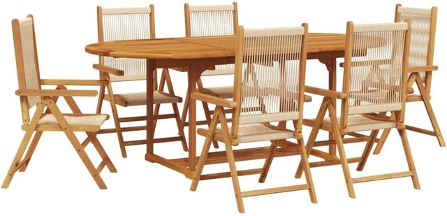 vidaXL 7-tlg Garten-Essgruppe aus Polypropylen und Akazien-Massivholz in Beige, ausziehbare Sitzgruppe für Terrasse und Garten - Bild 1