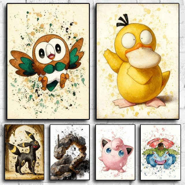 TAKARA TOMY Pokemon Aquarell-Leinwand Wandkunst mit Rowlet, Psyduck, Umbreon, Onix und Jigglypuff, Mehrfarbiges Poster für die Kinderzimmer-Dekoration - Bild 1