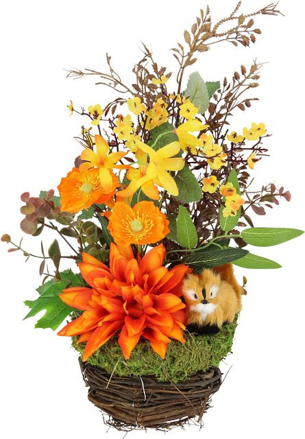 Kunstblumengesteck Dahlie mit Eichhörnchen in Orange für die herbstliche Tischdekoration - Bild 1