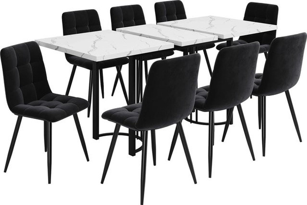 Merax Essgruppe 9-teilig in Schwarz und Weiß mit Samtstühlen, moderner Esstisch mit MDF-Platte und Metallgestell, B/T/H: 140 x 80 x 75,5 cm