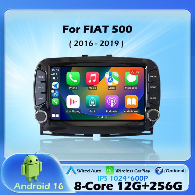 QiumianNavi Android 16 Multimedia-Navigationssystem für FIAT 500 (2016-2019) mit GPS, kabellosem CarPlay, WLAN und Bluetooth, Schwarz - Bild 1