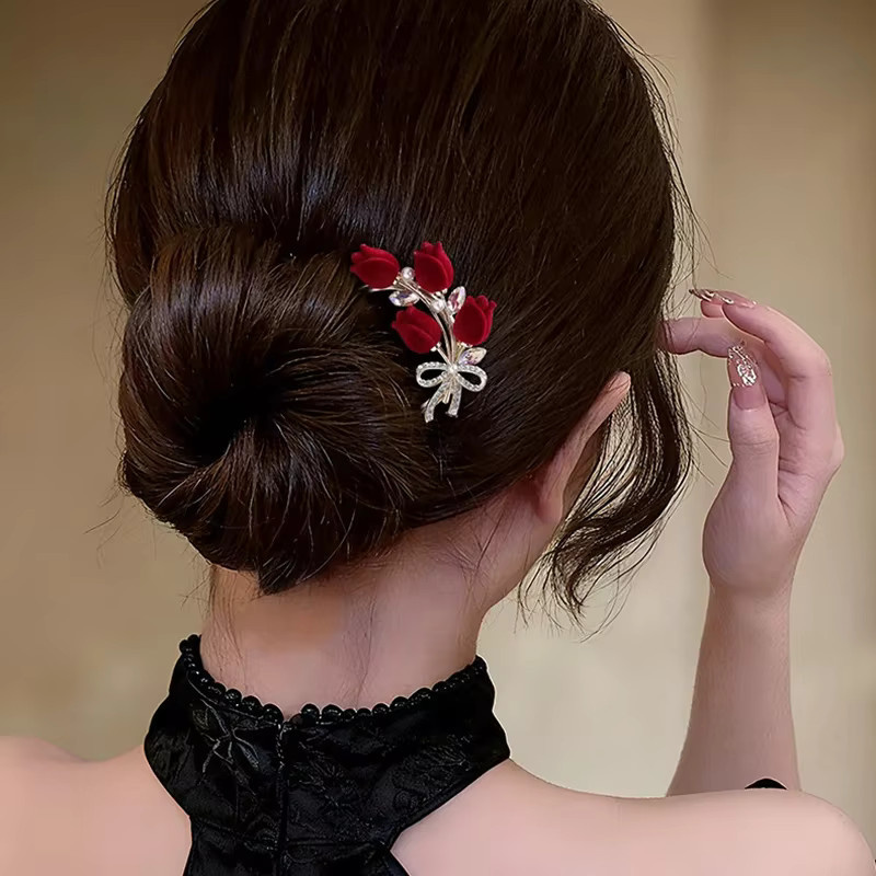 HIYAYZ Haarspange, Rot, Samt-Tulpen-Design, Damen - Bild 2
