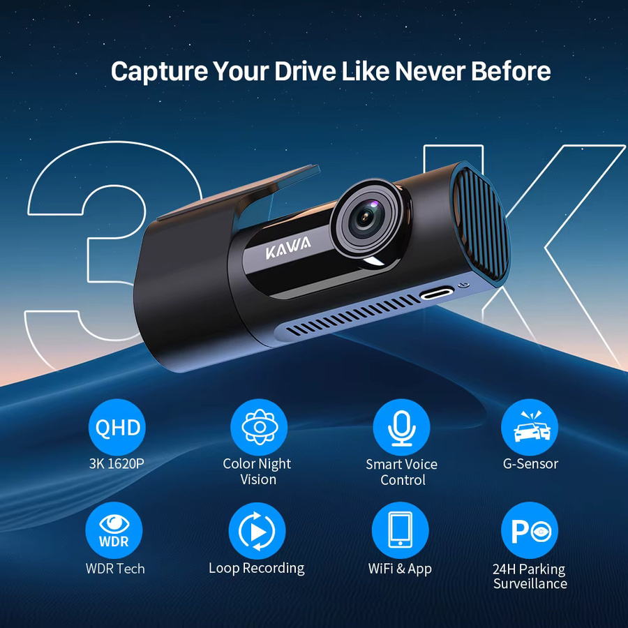 KAWA D6 3K Videorekorder Dashcam mit Sprachsteuerung und Nachtsicht in Schwarz - Bild 2