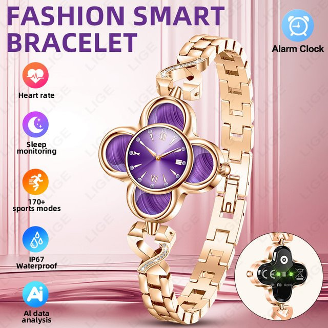 LIGE Smartwatch für Damen mit Herzfrequenzmessung, Schlaf-Monitor und Wecker, wasserdicht, Edelstahl, Rot/Gold - Bild 1
