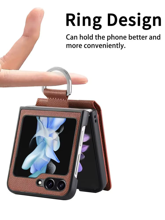 Lederhülle mit Lychee-Muster für Samsung Galaxy Z Flip 4 5 6 7 in Braun mit Kartenhalter und Fingerring - Bild 5