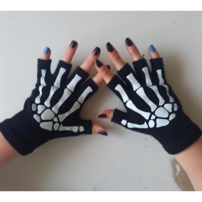 Halbfinger-Handschuhe Skelett-Schädel, leuchtet im Dunkeln, schwarz, Unisex - Bild 4