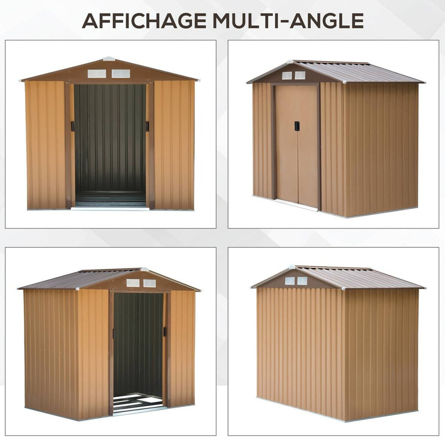 Outsunny Gartenhaus aus verzinktem Stahl in Braun mit Bodenrahmen und Schiebetüren, B/H/T: 130 x 185 x 213 cm - Bild 2