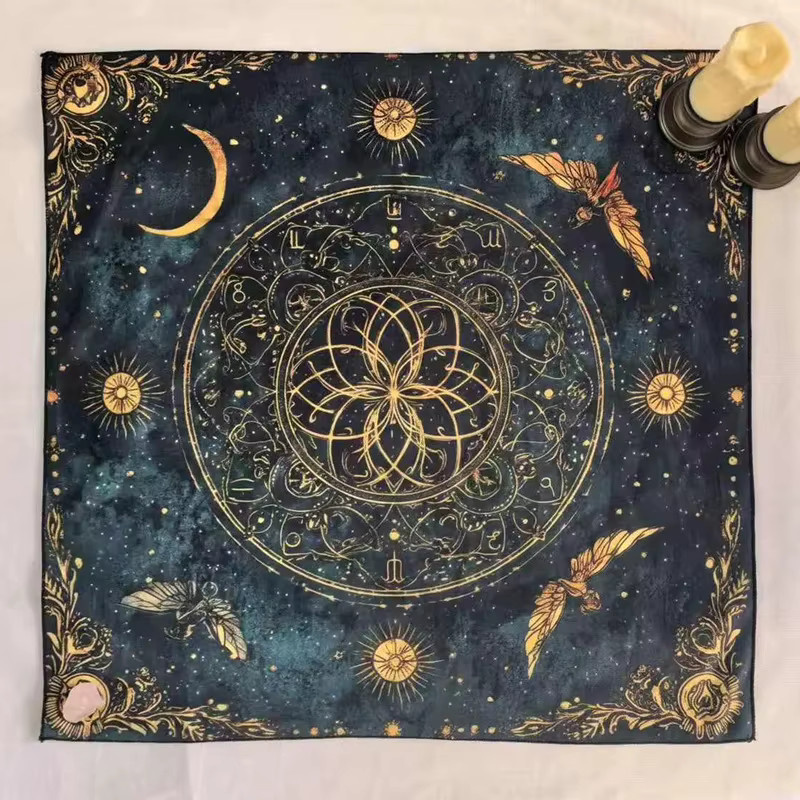 VIKAMA Tarot-Tischdecke mit Sonne-Mond- und Blume des Lebens Muster, wasserabweisendes Altartuch im Boho-Stil, mehrfarbig - Bild 5