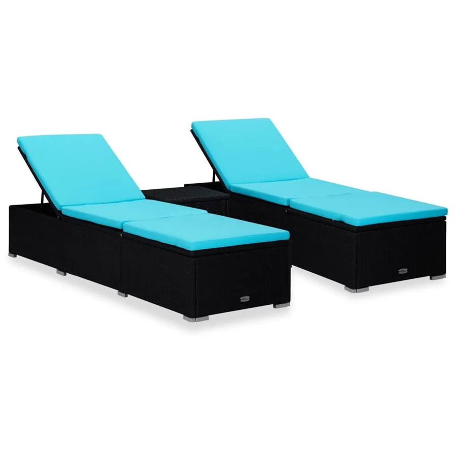 vidaXL 3-tlg. Garten-Set mit Sonnenliegen und Teetisch aus PE-Rattan in Schwarz und Blau - Bild 2