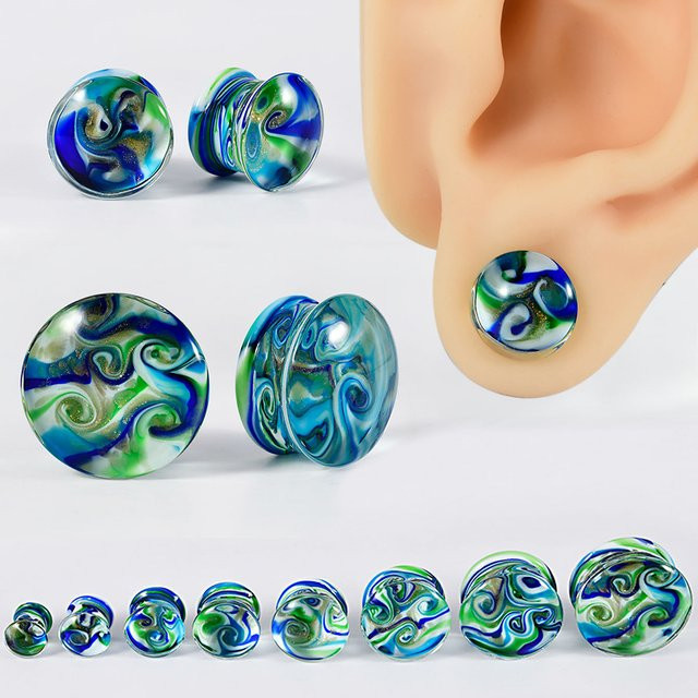 Ohrdehnungslehre Glas, Mix Weiß Blau Grün Linie, Ohrtunnel & Stecker, Bunt - Bild 1