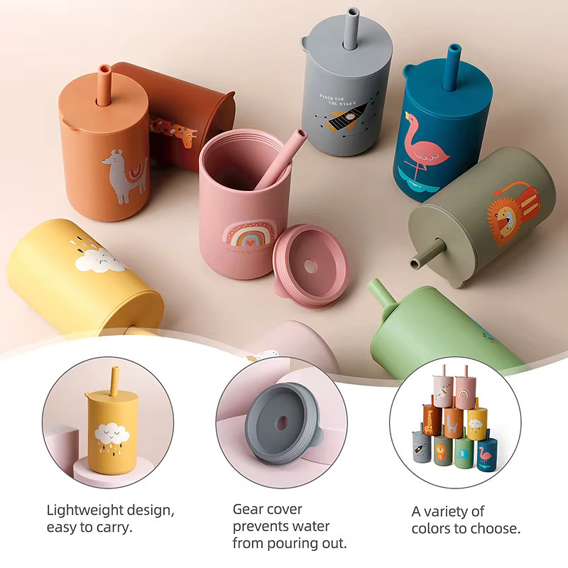 Baby-Trinklernbecher mit Strohhalm aus lebensmittelechtem Silikon in Multicolour mit Cartoon-Design - Bild 2