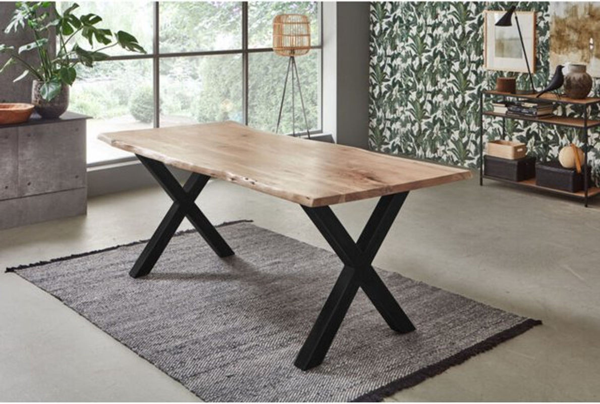 Sam Outillage Esstisch Frederik aus Akazie mit Baumkante und X-Gestell, Natur und Schwarz, B: 260 cm, T: 100 cm, H: 77 cm - Bild 1
