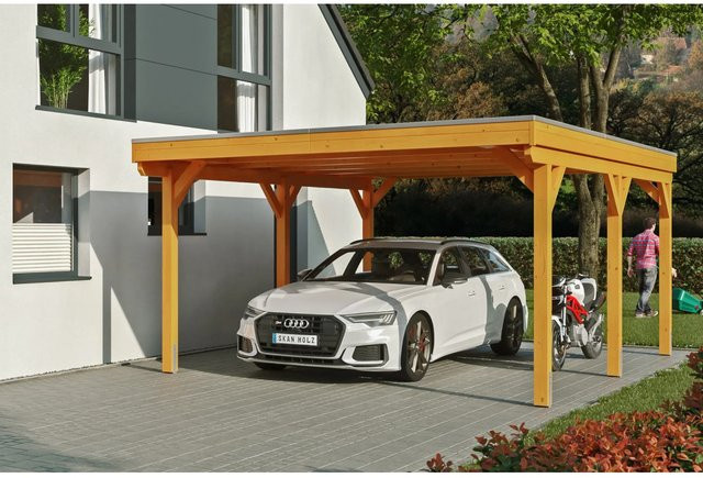 Skan Holz Carport Grunewald aus Fichten-Leimholz mit EPDM-Dach in Beige und Schiefergrau, B: 427 cm, H: 251 cm - Bild 1