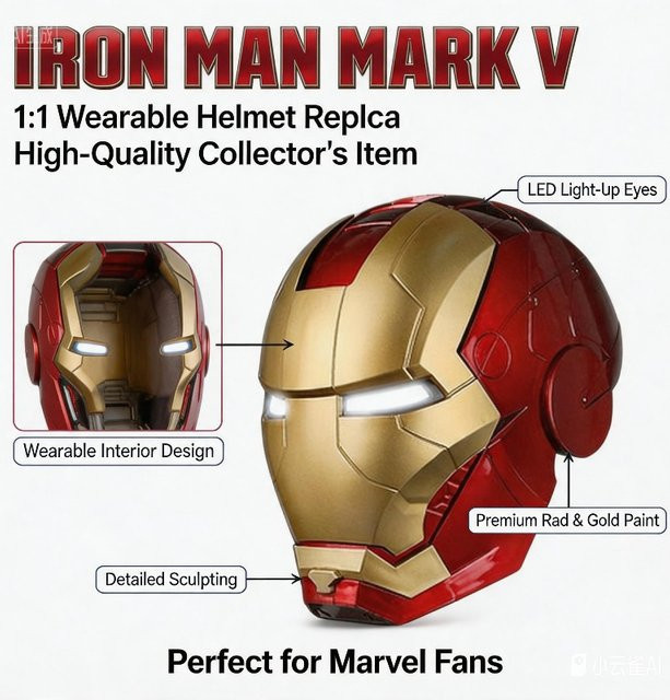 Hot Toys Marvel Iron Man MK5 Helm, 1:1 Tragbare Cosplay-Maske, mit Jarvis Sprachsteuerung, LED-Licht, Elektrisches Öffnen und Schließen - Bild 1