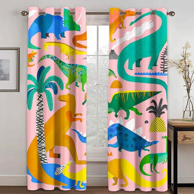 2-teiliges Yiran Furniture Kinderzimmer Vorhang-Set mit Dinosaurier-Graffiti-Print, halbtransparent, Polyester, Mehrfarbig, Breite: 140 cm, Höhe: 160 cm - Bild 1