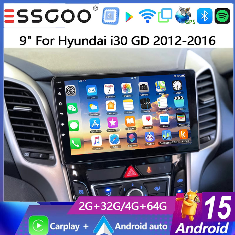 ESSGOO Android 15 Autoradio mit 9 Zoll Touchscreen für Hyundai i30 GD 2012-2016, Wireless Carplay, Android Auto, GPS, Bluetooth, Wifi und Mirror Link, Schwarz - Bild 2