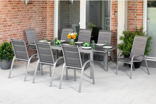 Merxx Gartenmöbelset Amalfi di Lusso 9-teilig mit ausziehbarem Gartentisch und 8 Stapelsesseln aus Aluminium und Textil in Silber, Braun und Grau - Bild 1