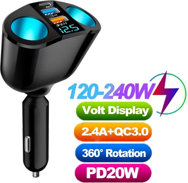 Auto-Schnellladegerät Adapter mit Digital-Display und USB-C, 120-240W PD QC3.0, Schwarz - Bild 1