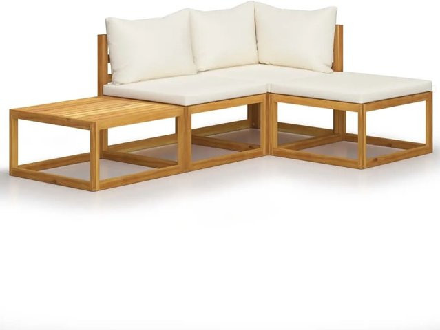 vidaXL 4-tlg Garten-Lounge-Set L-Form aus massivem Akazienholz mit cremefarbenen Auflagen - Bild 1
