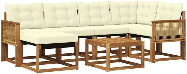 vidaXL Outdoor-Sofagarnitur L-Form aus Akazienholz und Textilene mit 7 Kissen in Beige - Bild 1