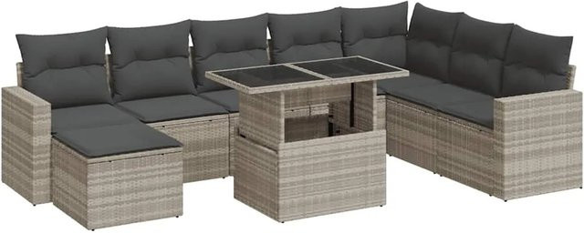 vidaXL 9-tlg. Garten-Sofagarnitur in L-Form aus Poly-Rattan mit Kissen in Hellgrau - Bild 1