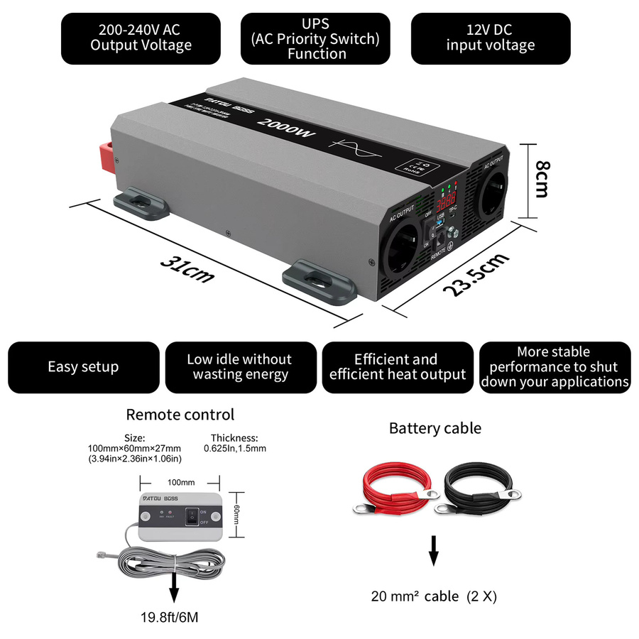 DATOUBOSS SAK Sinus-Wechselrichter DC12V-24V zu AC220V in Grau mit 2000W Dauerleistung und 4000W Spitzenleistung - Bild 4