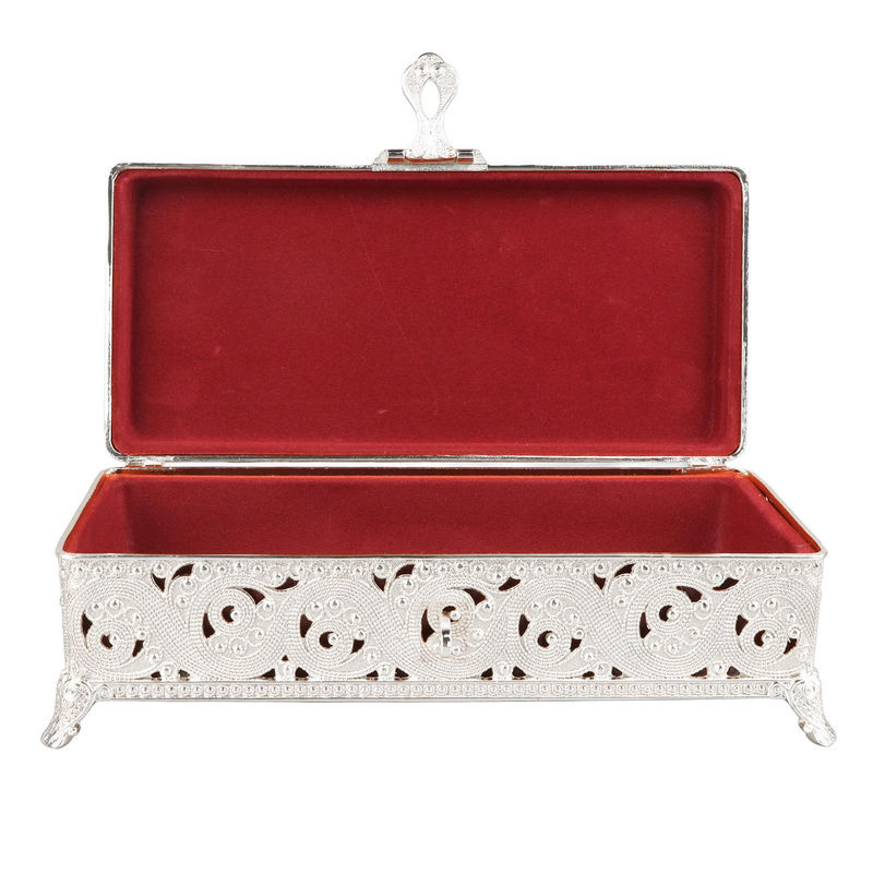 Vintage Schmuckdose aus Metall mit weichem Samt-Inlay in Silber, rechteckige Schmuckschatulle mit floralem Design - Bild 2