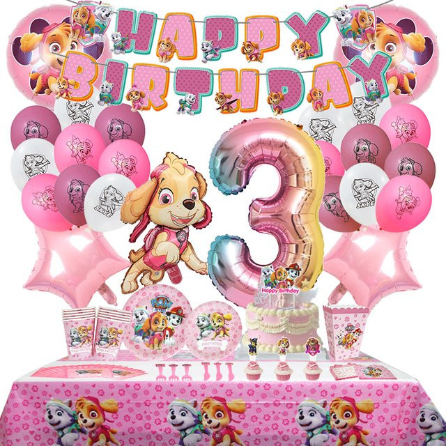 PAW Patrol Geburtstagsparty-Dekoration Rosa Skye mit Aluminiumfolienballons und Latexballons sowie Einweg-Tischgeschirr für Kinder-Events - Bild 1