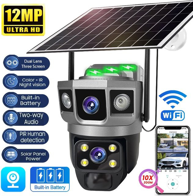 V380 WiFi IP Kamera mit Solar Panel und Dual Objektiv, 12MP Wasserdichte CCTV Sicherheitskamera mit PIR Bewegungserkennung - Bild 1