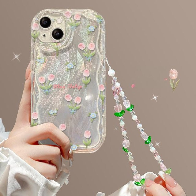 Transparente Silikon Handyhülle mit Feder- und Tulpen-Design sowie Kette für Apple iPhone 15, 14 Pro Max, 13 Pro Max, Xs und 13 - Bild 1