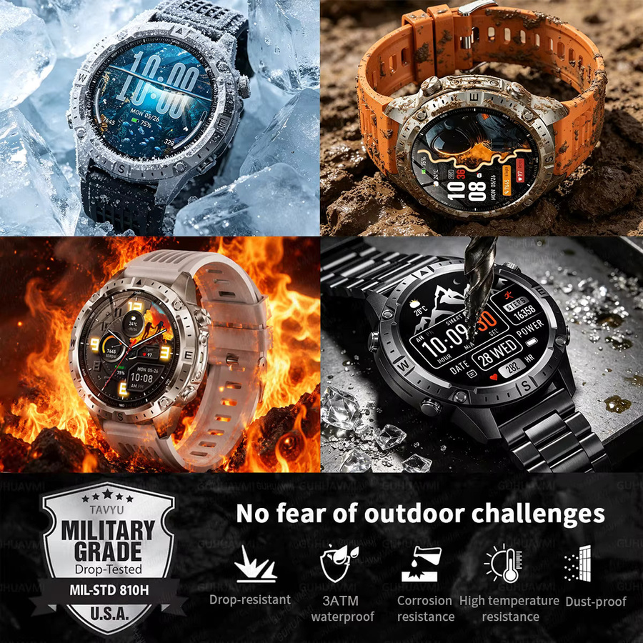 GUHUAVMI Outdoor Militär Smartwatch in Schwarz mit AMOLED-Display, GPS-Karte, Kompass, 3ATM Wasserdichtigkeit, 170+ Sportmodi und Bluetooth-Anruffunktion für Herren - Bild 4