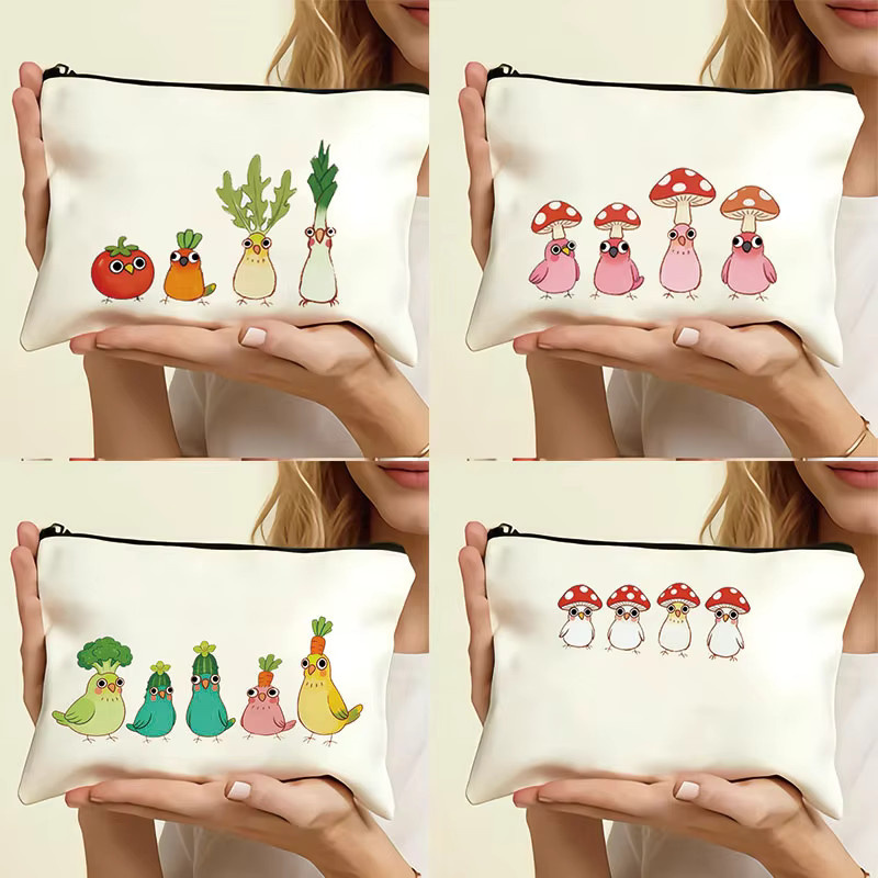 Kreative Leinwand-Tasche mit Gemüse- und Vogelmotiv als tragbare Stiftepoche und kleine Aufbewahrungstasche in Weiß - Bild 2