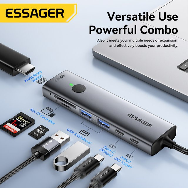 Essager 7-in-1 USB C Hub Multiport-Adapter in Grau mit 4K HDMI, PD 100W, SD/TF und USB 3.0 5Gbps für MacBook, Laptop und iPad - Bild 1