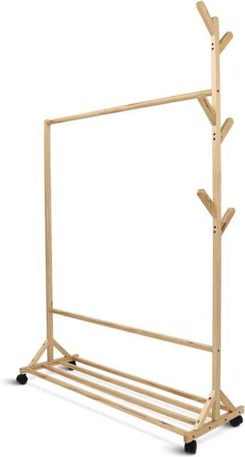 DELUKE Garderobe SEMU aus Kiefernholz mit Rollen und 6 Haken in Hellbraun, Kleiderständer für den Eingangsbereich, H x B x T: 155 x 100 x 35 cm - Bild 1
