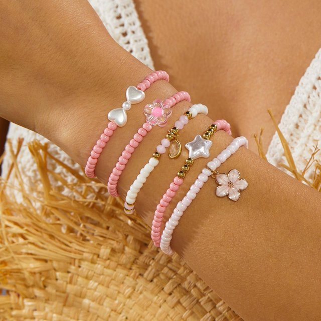 TuiYing001 Armband Set, Rosa Acrylperlen, Herz, Schleife, Damen - Bild 1