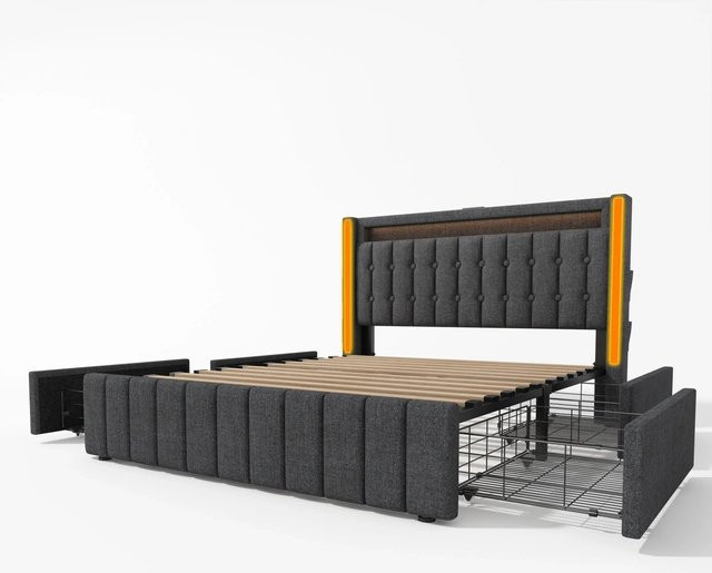 okwish Jugendbett Grau mit USB-Anschluss, LED-Beleuchtung und Schubladen, gepolstert, B/T/H: 140 x 200 x 104 cm - Bild 1