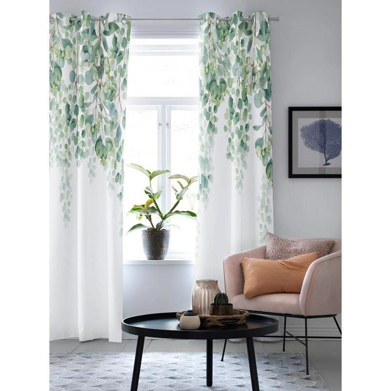 Super Six Aquarell Pflanzen Fenstervorhang mit grünem Blättermuster, Grau, Breite: 135 cm, Höhe: 60 cm - Bild 2