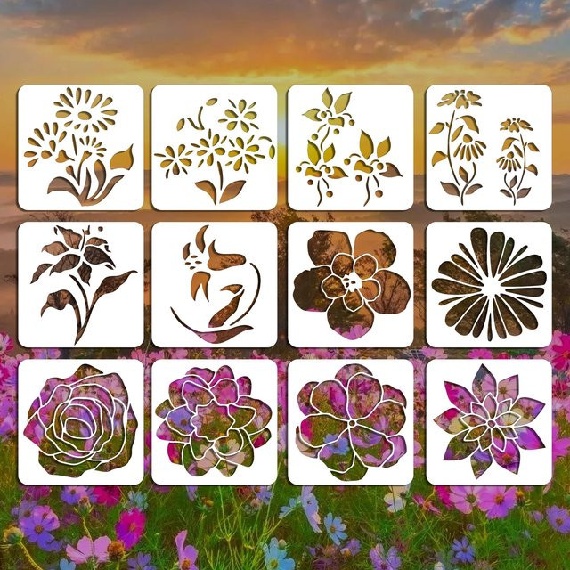 Bview Art 12er Set Blumen-Spitzen-Malschablonen als Zeichenvorlage für Bullet Journal und Wandkunst, wiederverwendbare DIY Bastelschablone - Bild 1