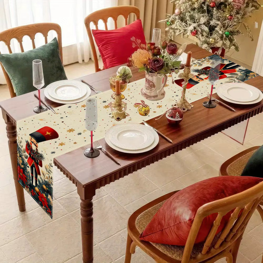 VIKAMA Weihnachts-Tischläufer mit Soldat und Blumenbeerenmuster in Kastanienbraun und Multicolour, Rechteckig, B/T: 90 x 33 cm - Bild 2