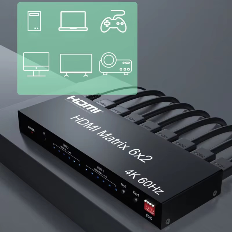 Konsenda 6x2 HDMI Matrix Switch 4K 60Hz Video Switcher Splitter mit optischem R/L Audio Extractor, Schwarz - Bild 5