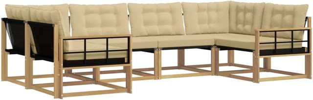 vidaXL Outdoor-Sofagarnitur L-Form aus Akazienholz mit Kissen in Weiß und Beige - Bild 1