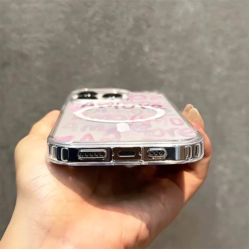 Amore-Love Romantische Handyhülle für Apple iPhone mit rosa Schriftzug, transparent und pink, magnetische kabellose Ladeabdeckung - Bild 5