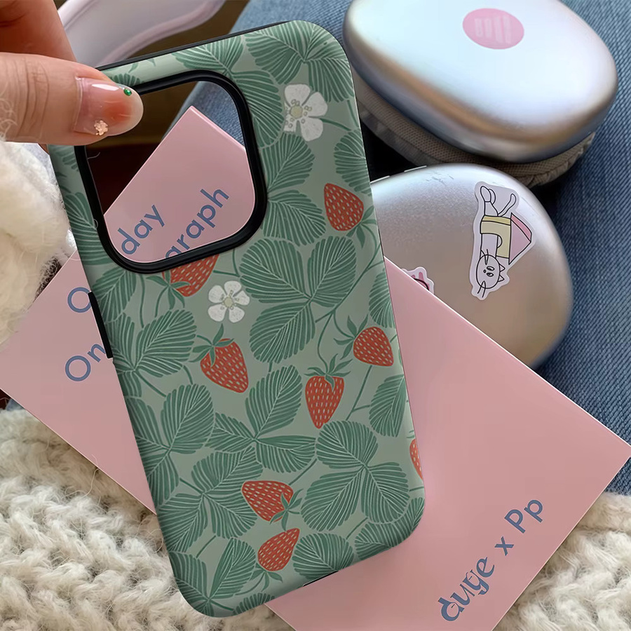 Salbeigrüne Erdbeer Handyhülle für Apple iPhone 12 bis iPhone 17 Pro Max Plus mit doppelschichtiger Rückabdeckung - Bild 4