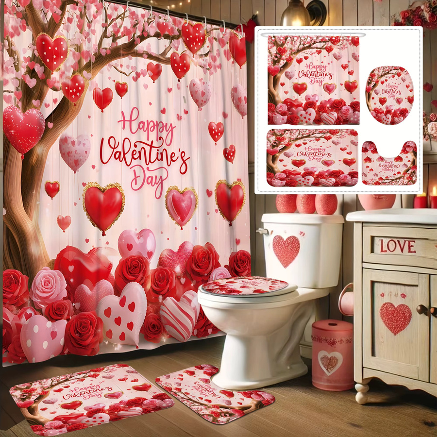 VIKAMA Duschvorhang Kirschblüten-Herz-Design in Pink, wasserdicht und dekorativ mit Rosengarten-Motiv, B/H: 180 x 180 cm - Bild 3