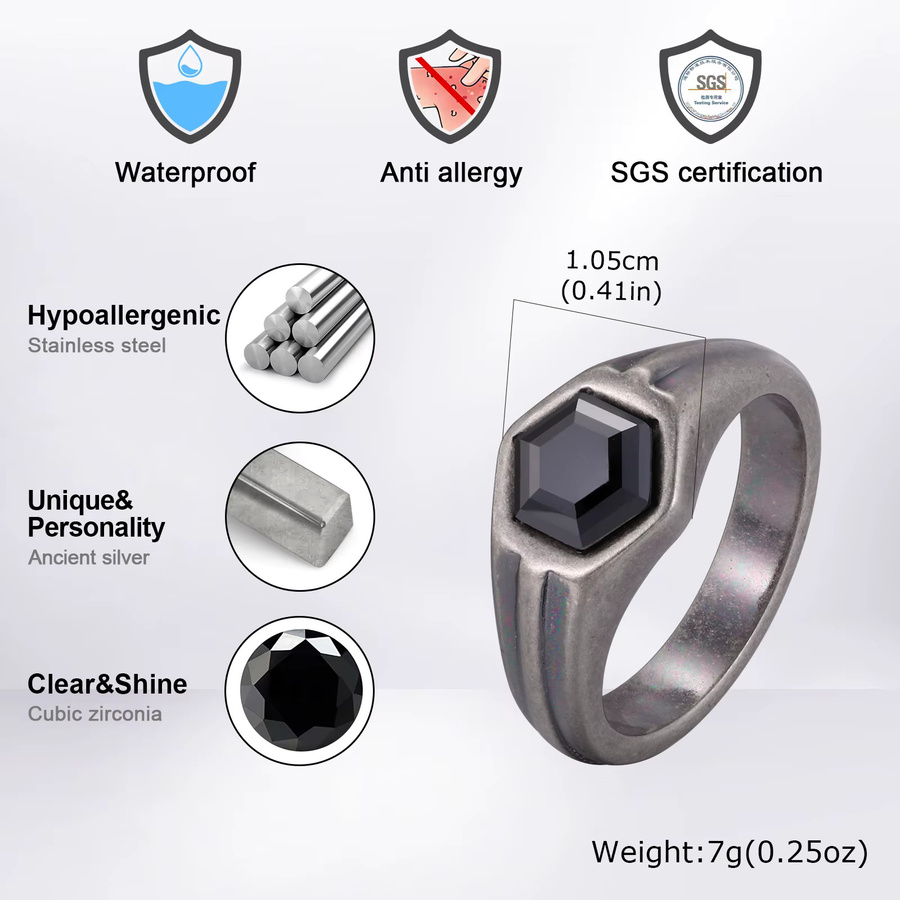 Vnox Ring, Edelstahl, Schwarz, Zirkonia, Herren - Bild 4