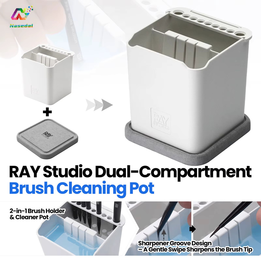 RAY Studio 2-in-1 Pinsel-Reinigungstopfhalter mit saugfähigem Pad in Weiß für Acrylpinsel, Gundam-Modelle und Kunstwerkzeuge - Bild 3
