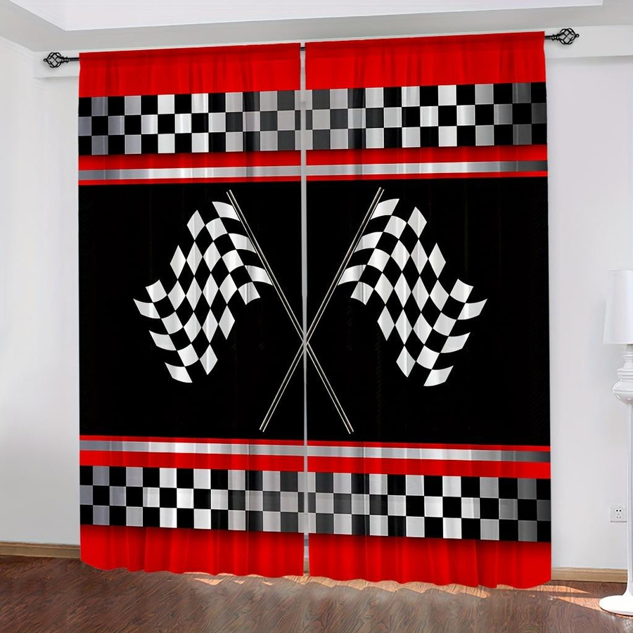 Set aus 2 Rennwagen-Flaggen-Vorhängen von Tonnika Chen, schwarz-weiß kariert, Polyester, B: 100 cm, H: 70 cm - Bild 2