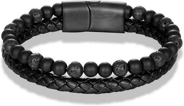 YULIN Armband Herren, Leder Schwarz, Edelstahl, Perle, 19cm - Bild 1